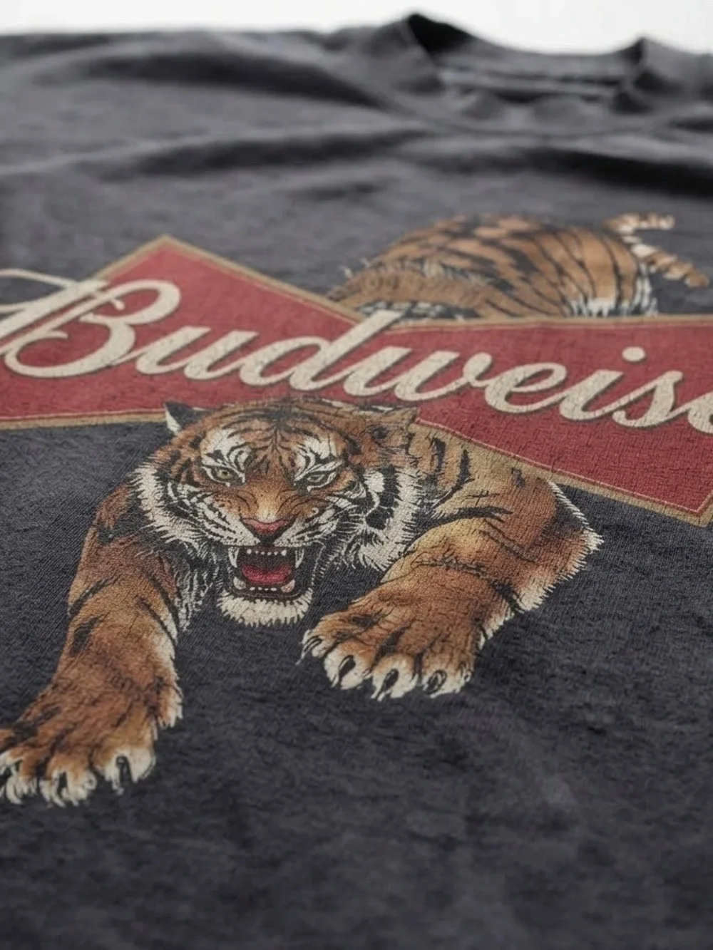 Gildan Black Tee with Red Budweiser Logo and Brown Tiger Graphic